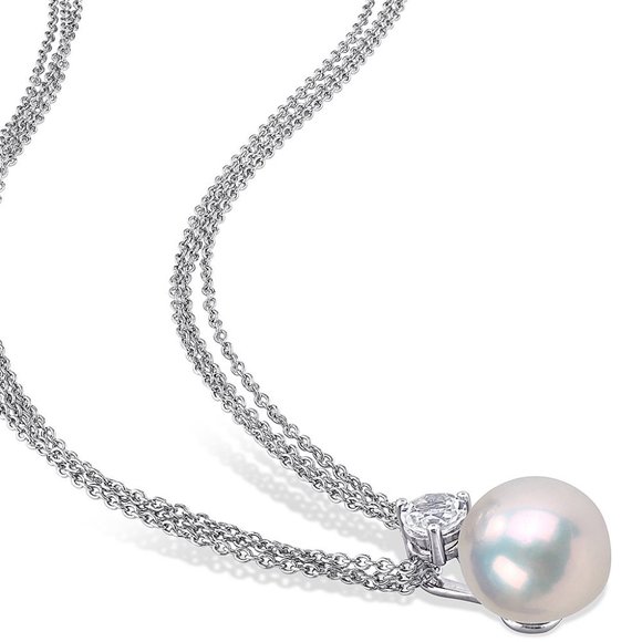 New Gorgeous 925 Silver Cultured Pearl White Topaz Mesh-Chain Pendant Necklace - Picture 4 of 5